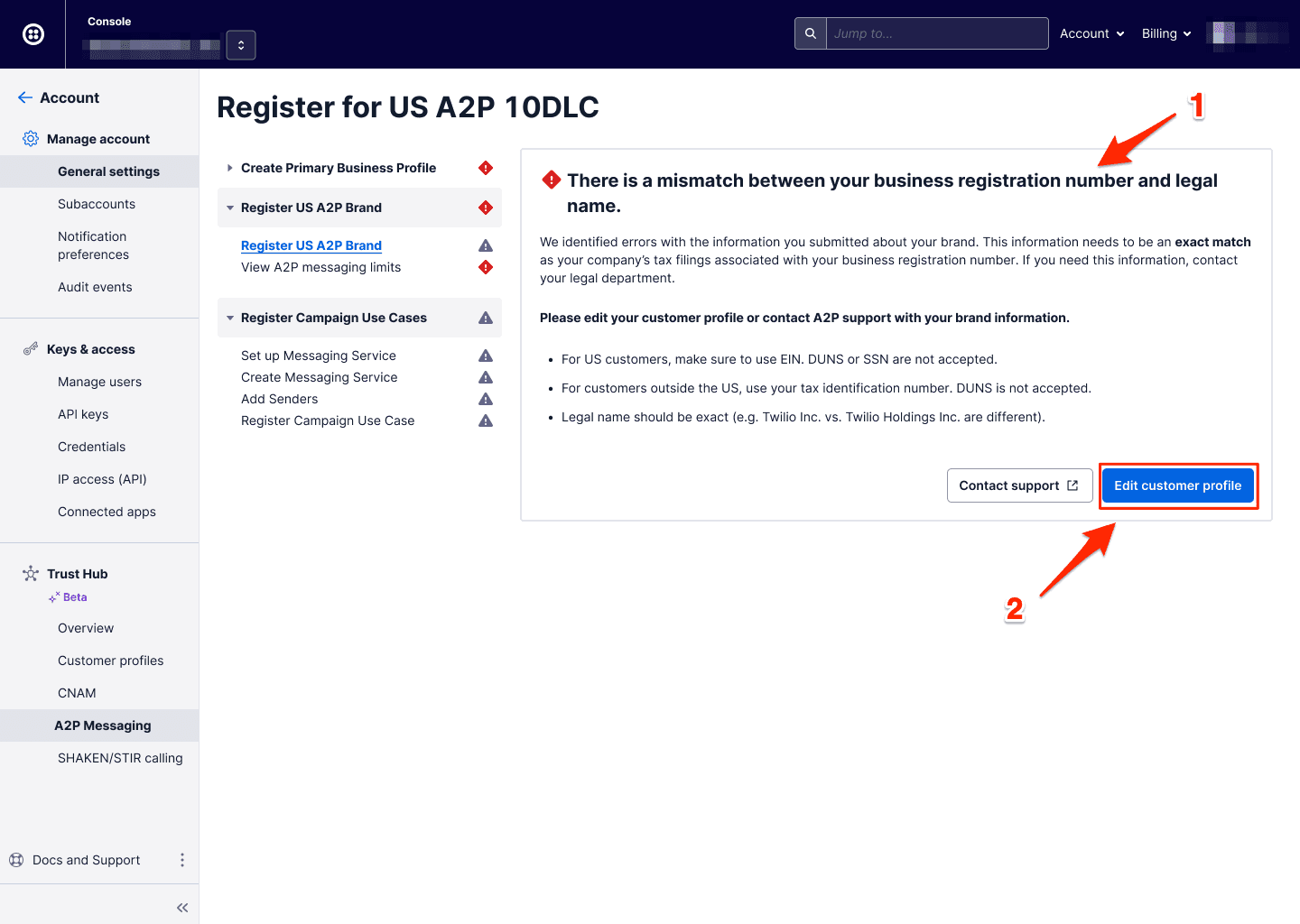 Twilio Console showing a mismatch error between business registration number and legal name with options to edit customer profile.