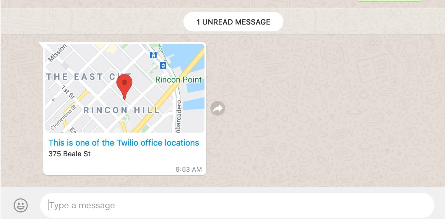 WhatsApp message showing Twilio API link preview with logo and description.