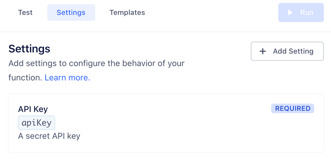 A screenshot of the functions settings tab, showing the apiKey setting.