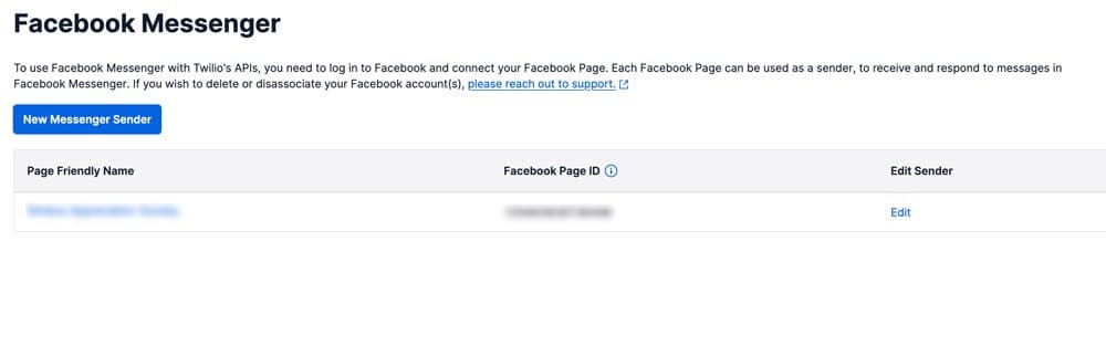Facebook Messenger setup with Twilio APIs showing page name and ID options.