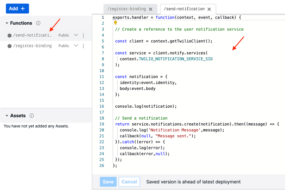Code editor showing a function to send notifications using Twilio client.