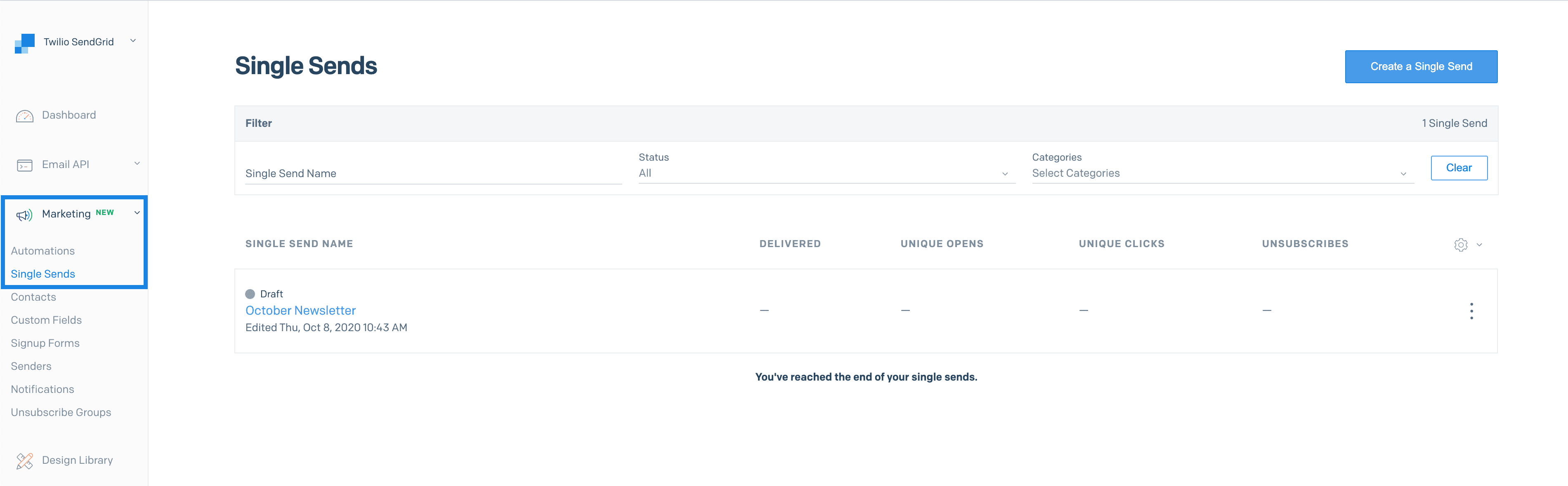 The SendGrid App with the Marketing Campaigns and Single Sends navigation items highlighted.
