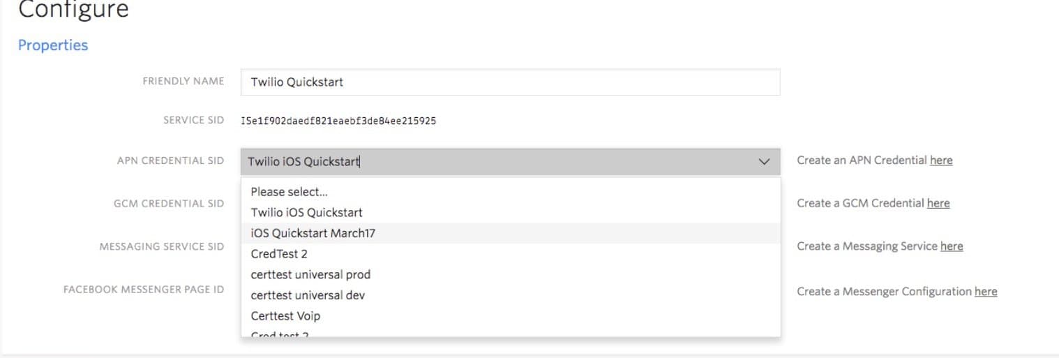 Configure page with dropdown options for APN Credential SID, listing Twilio Quickstart choices, and setup links on the side.