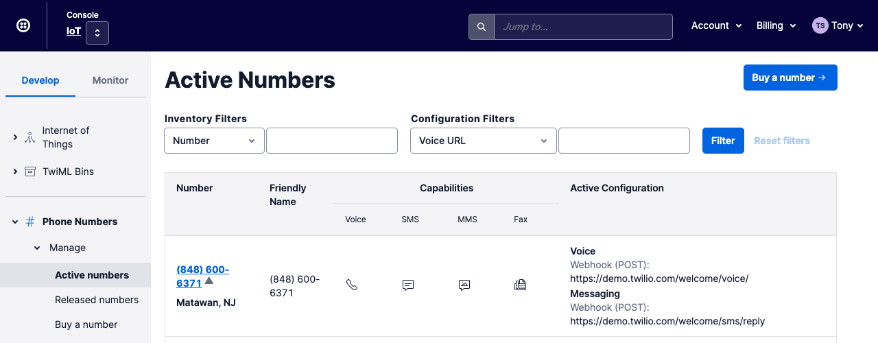 Active Numbers page showing phone number capabilities and configuration filters.