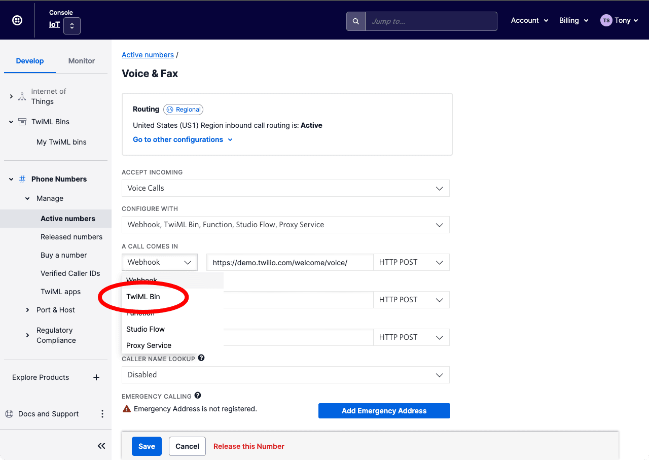 Twilio for Salesforce interface showing call forwarding to TwiML Bin option selected.