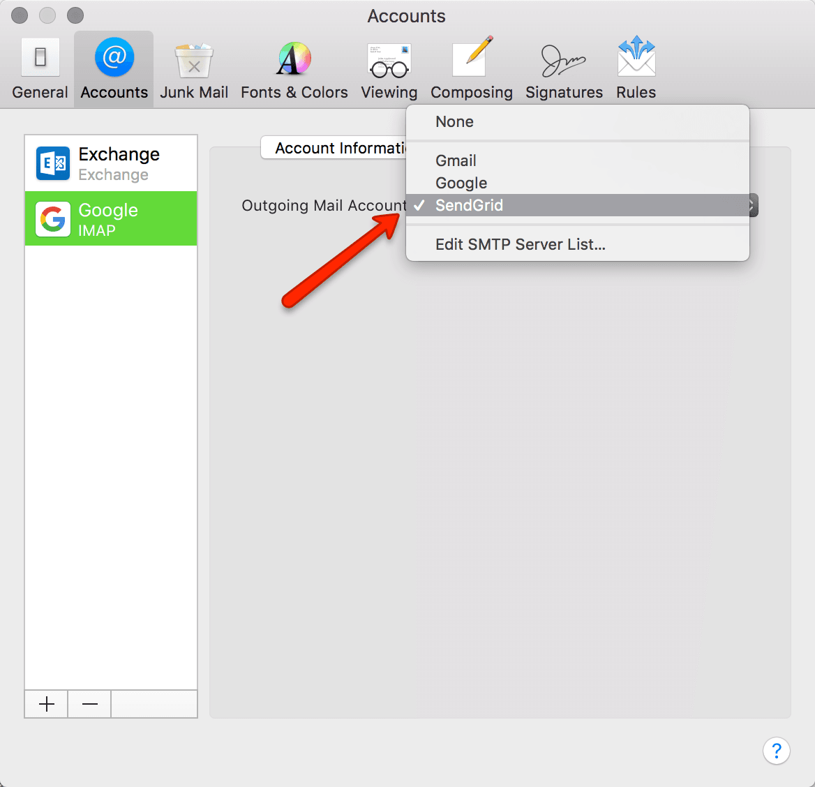 Dropdown menu showing SendGrid selected as the SMTP server in Apple Mail settings.