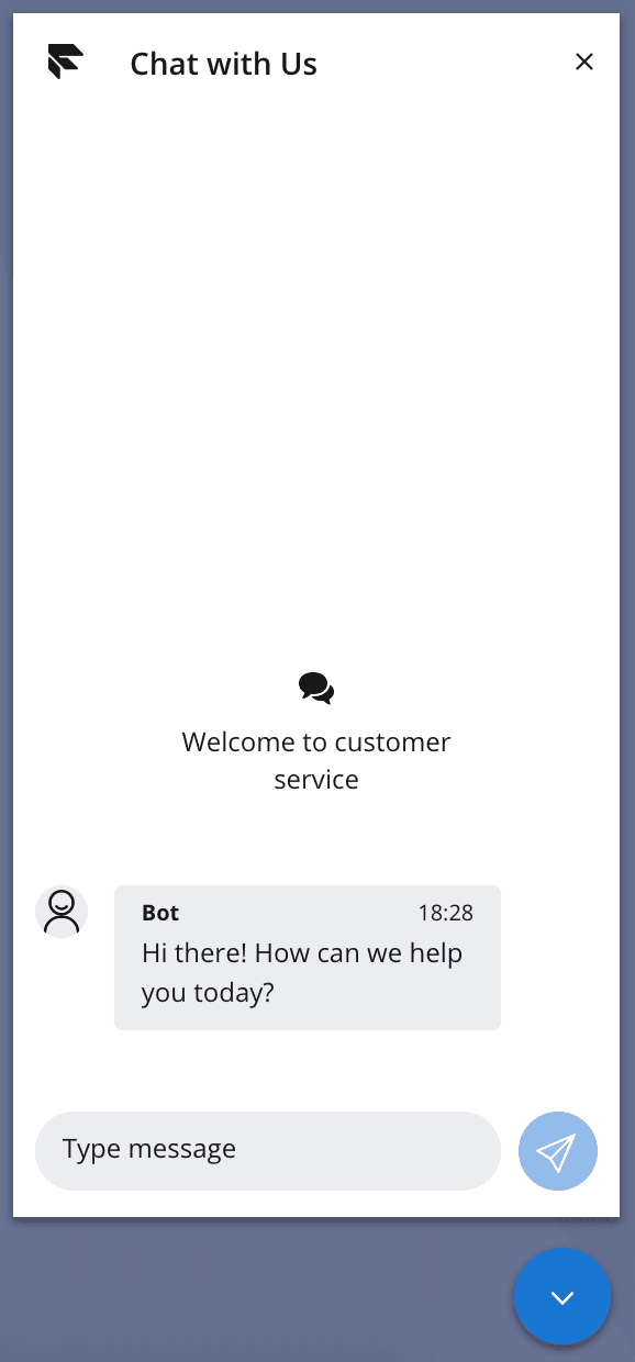 Web chat interface with bot greeting and message input field.
