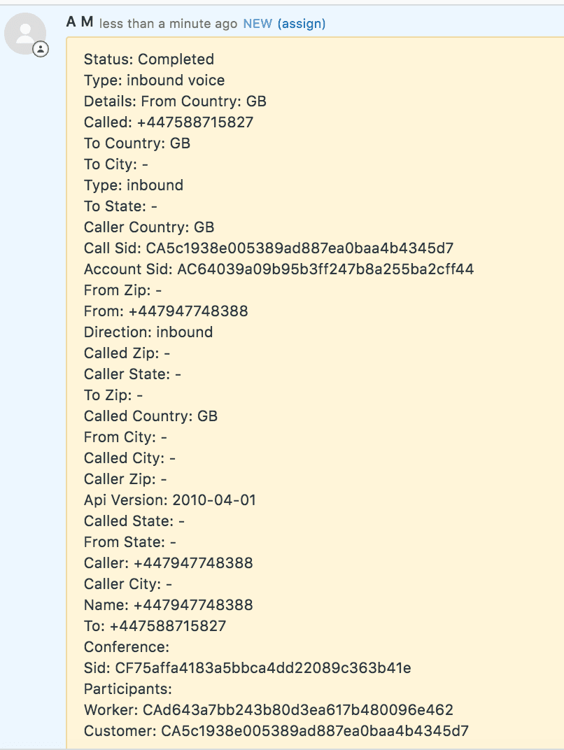 Call log details for inbound voice call from GB, status completed, with caller and called numbers.