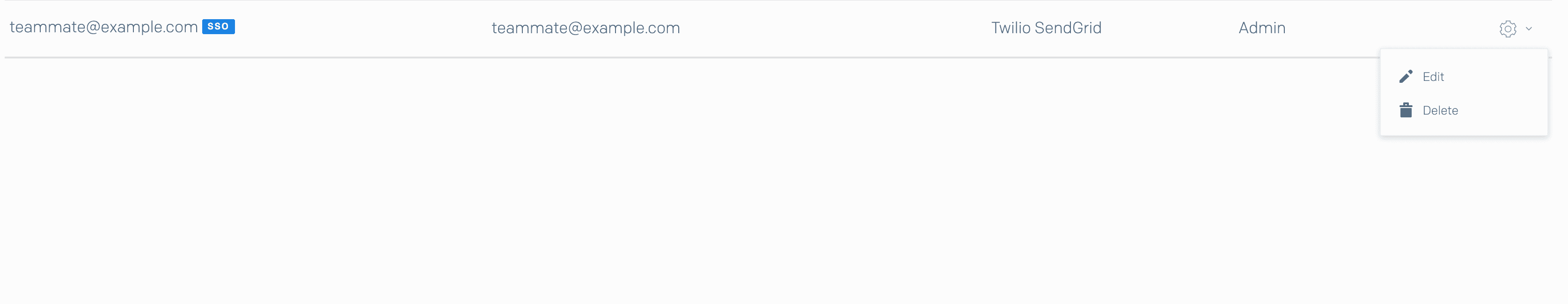 SSO teammate action menu with options to edit or delete.