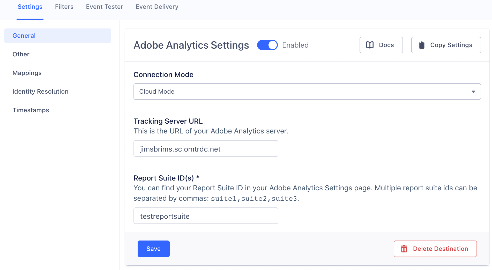 The Adobe Analytics settings page in Segment, with the General section selected.