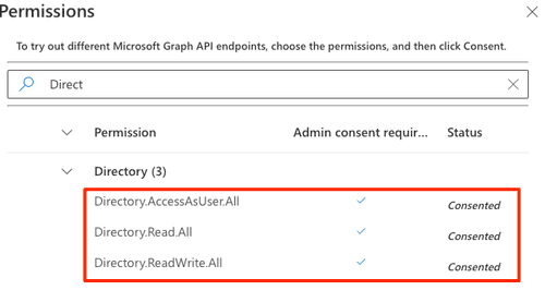 Microsoft Graph API permissions with consented status for Directory Access, Read, and ReadWrite.