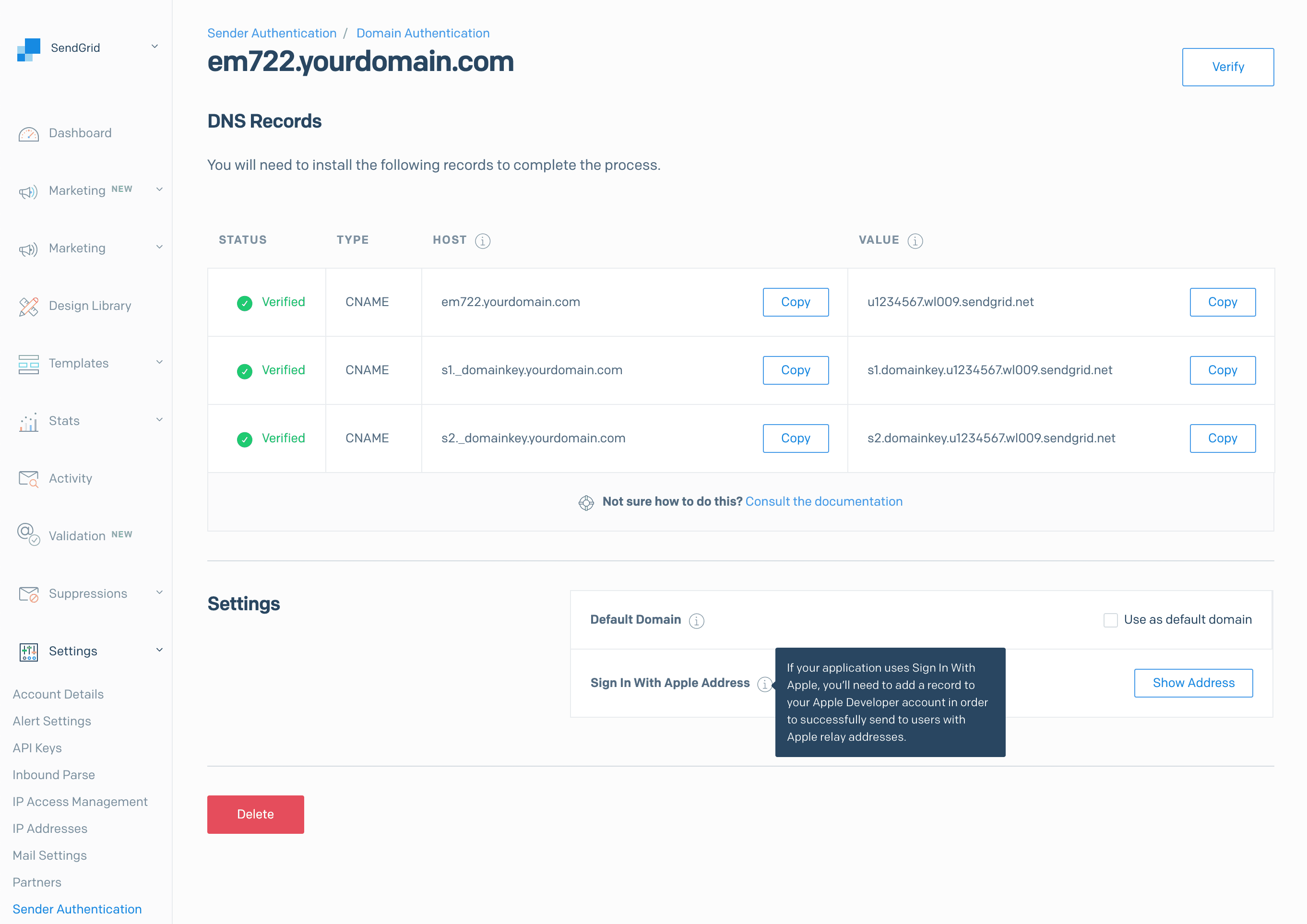 Tooltip explaining Sign In With Apple address setup in SendGrid settings.