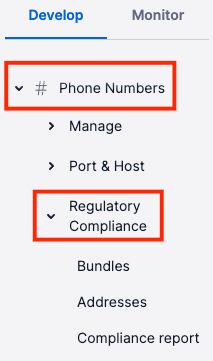 Menu showing phone numbers and regulatory compliance options under develop tab.