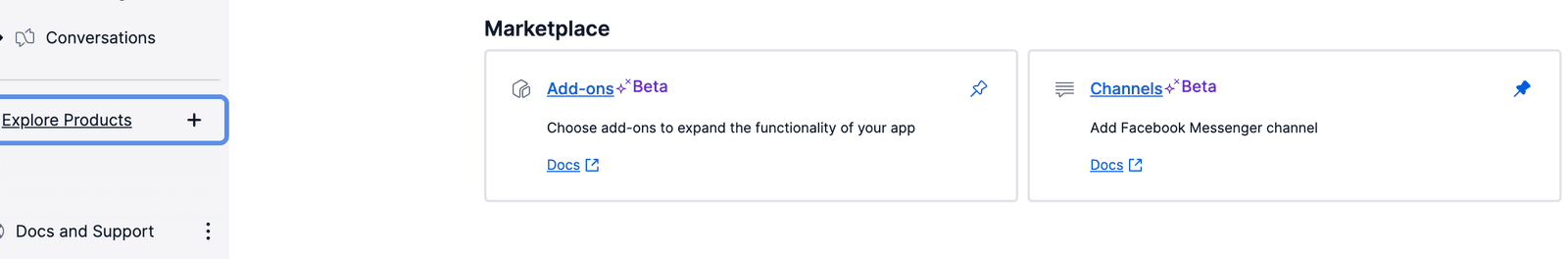 Marketplace section with options for Add-ons and Channels, including Facebook Messenger channel.