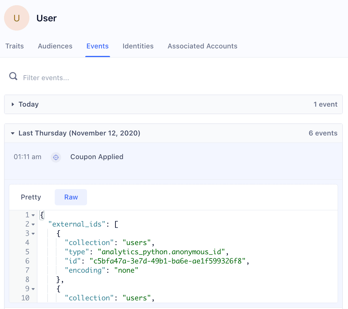 An example raw payload for an Event in the User Profile.