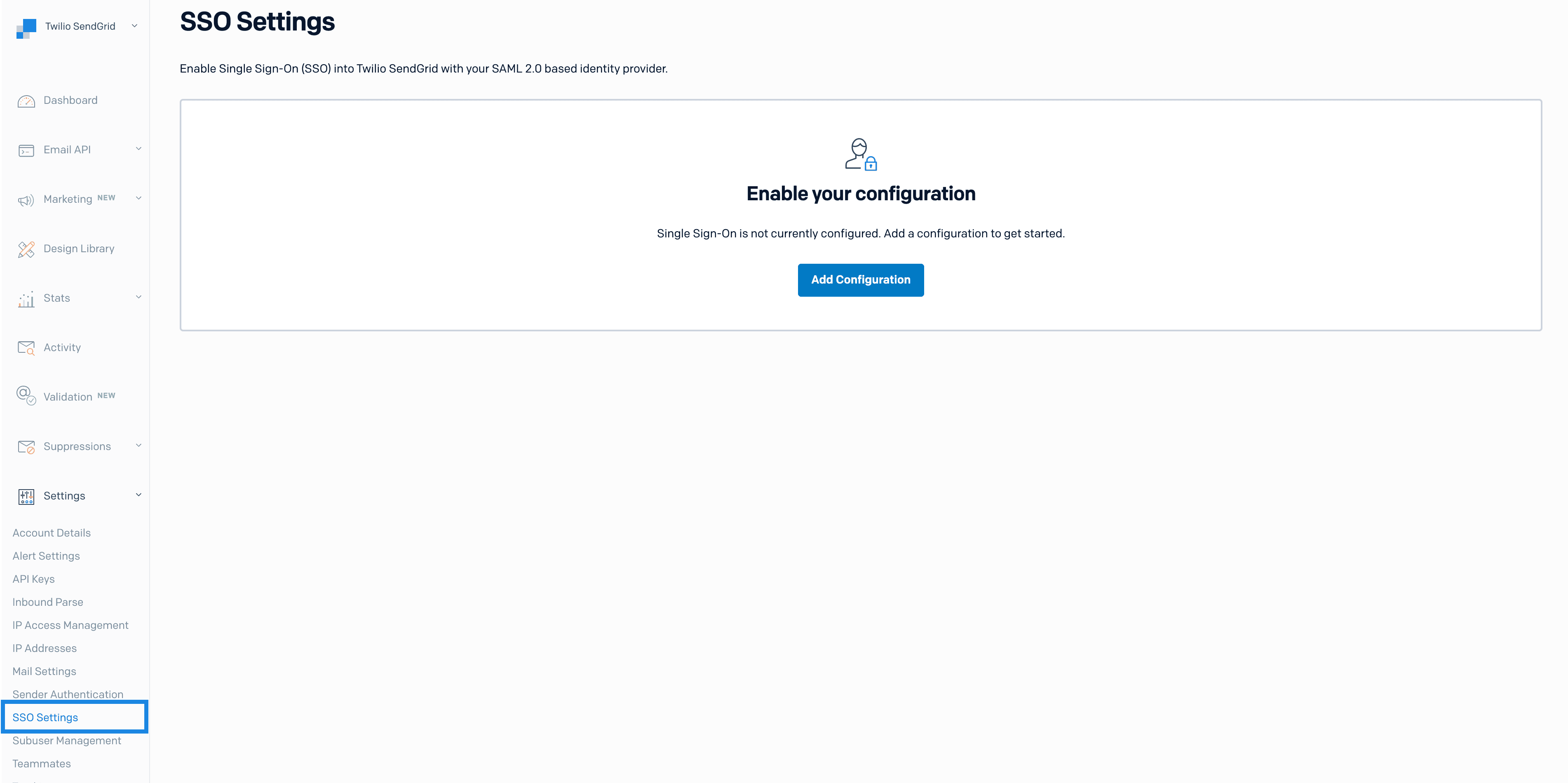 Twilio SendGrid SSO settings page with an option to add configuration.