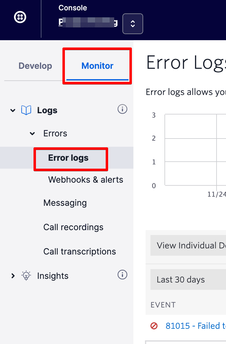 Monitor tab selected with Error logs expanded showing error details and graph.