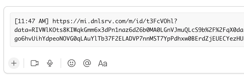 Slack message with a URL and encoded data string at 11:47 AM.