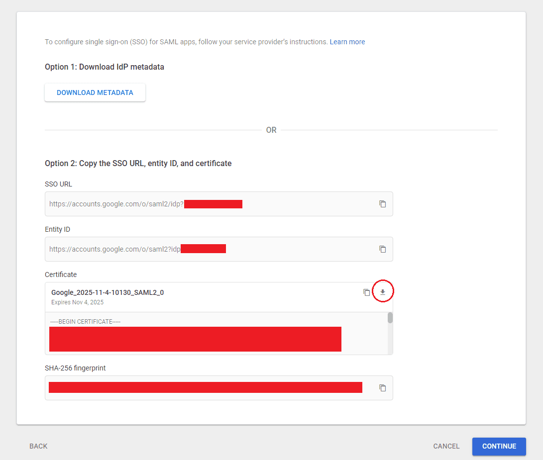 Google SSO configuration options with metadata download and certificate details.