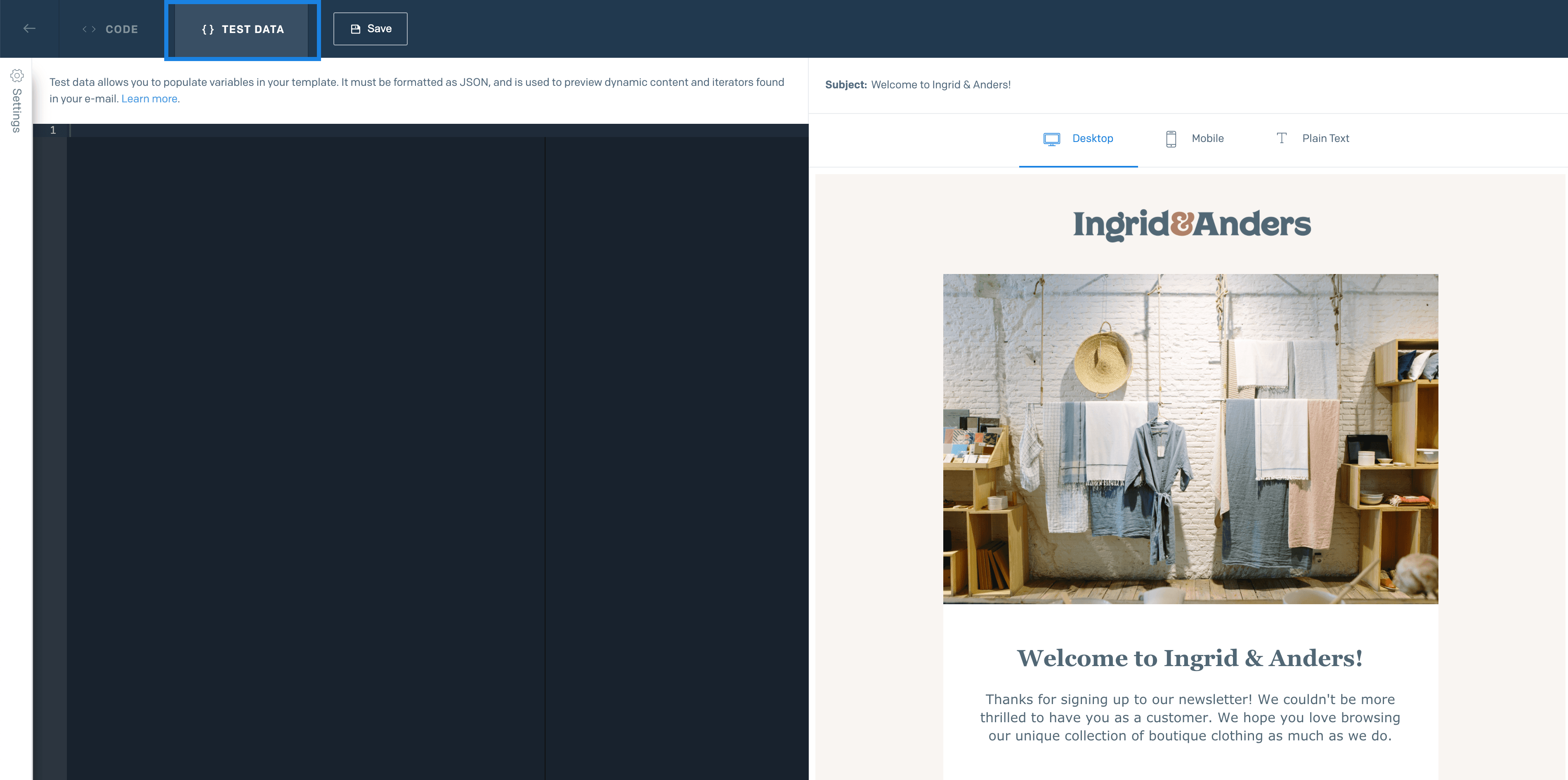 Test Data tab showing JSON input area and email design preview for Ingrid & Anders.