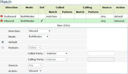 EdgeMarc rule settings showing inbound and outbound modes with match patterns and actions.