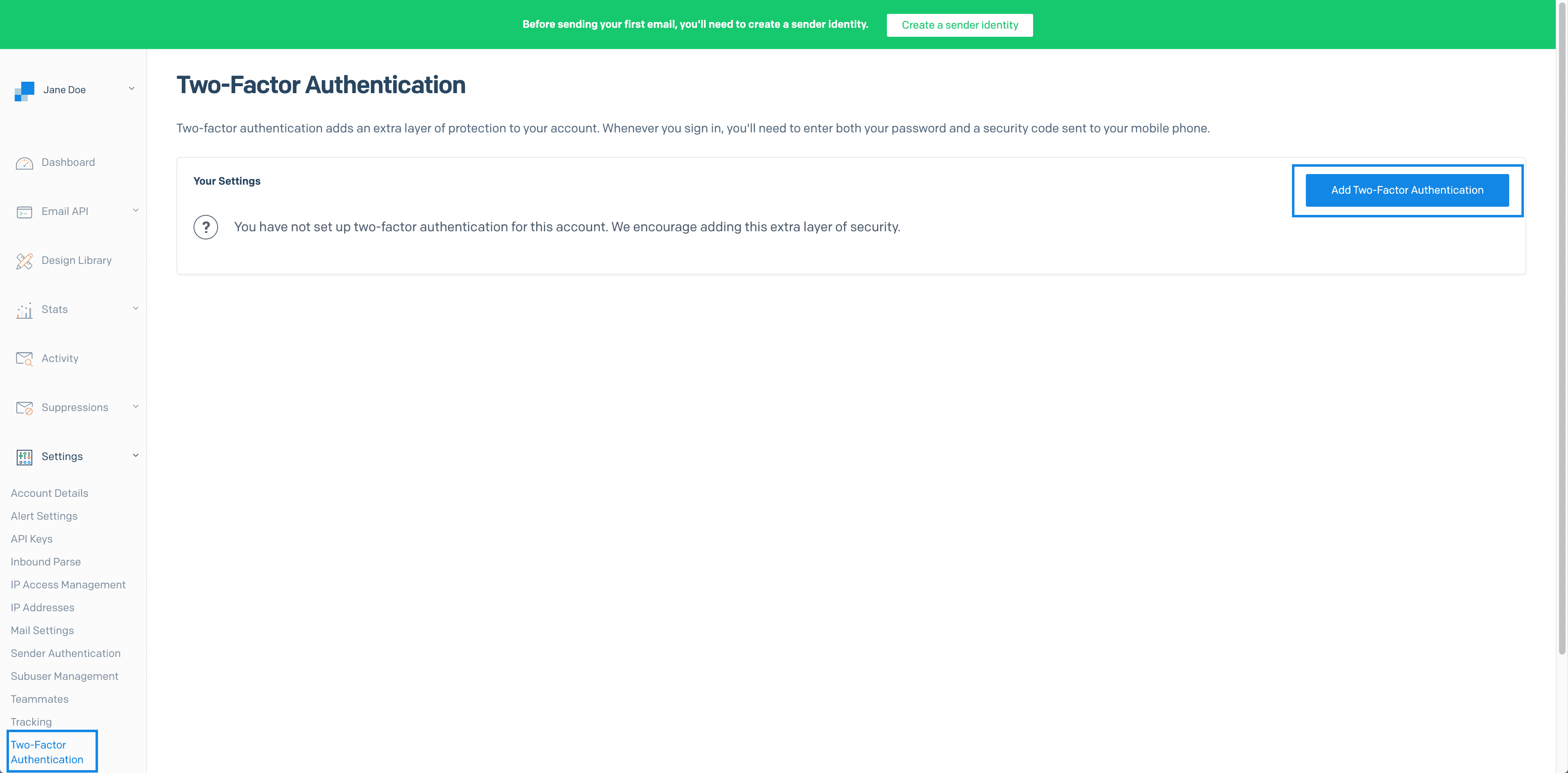 Two-Factor Authentication settings with an option to add authentication.