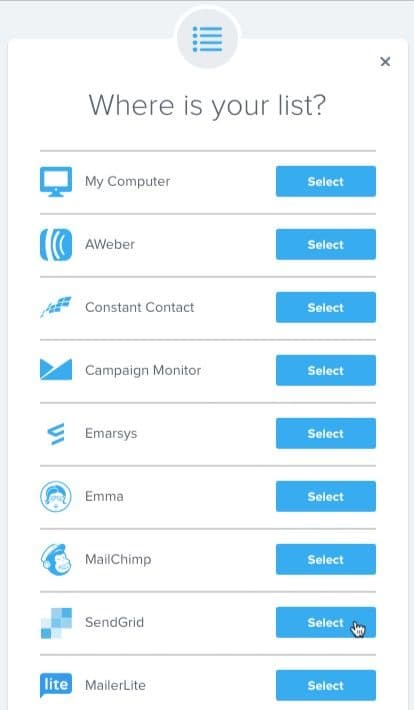 Interface showing list selection options including SendGrid with a select button highlighted.