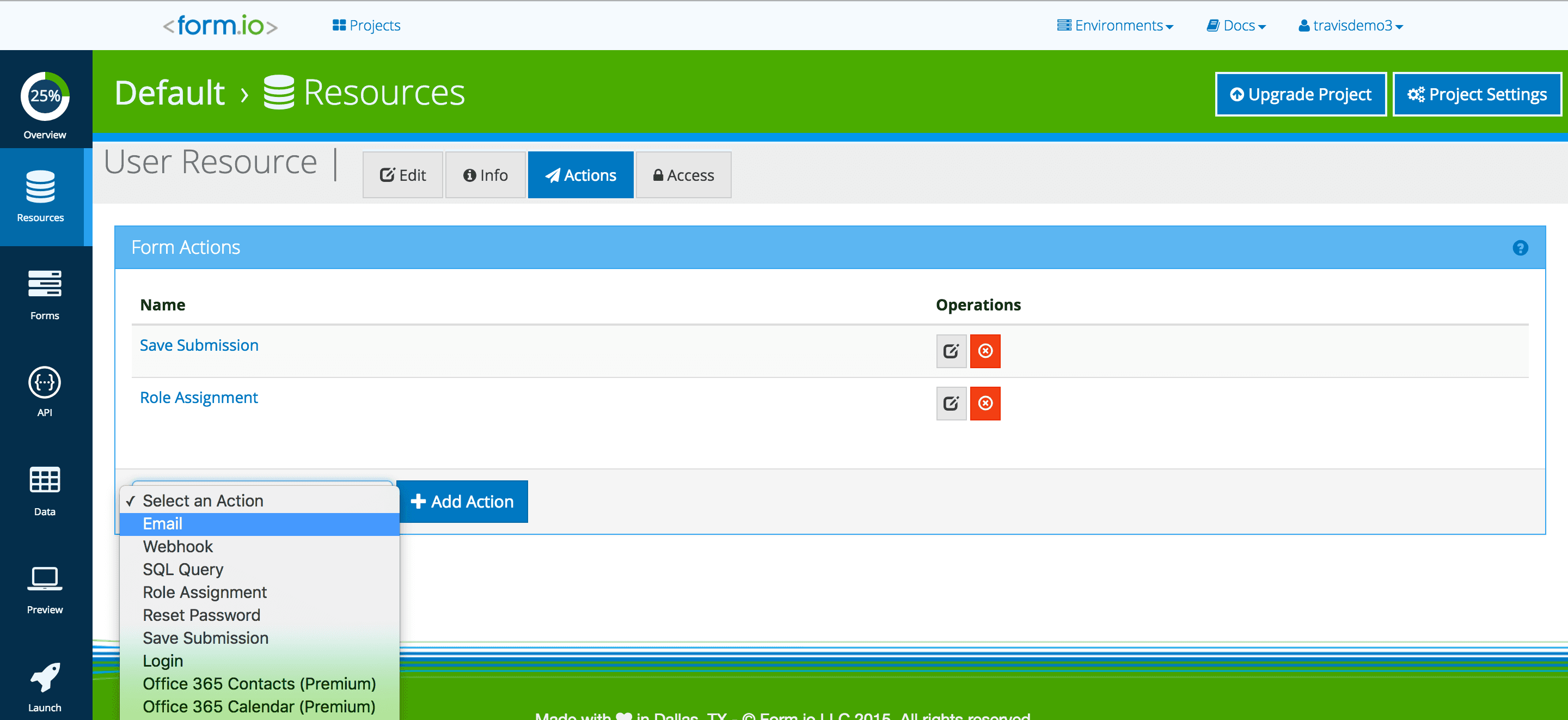 Form.io interface showing 'Add Action' dropdown with 'Email' selected.