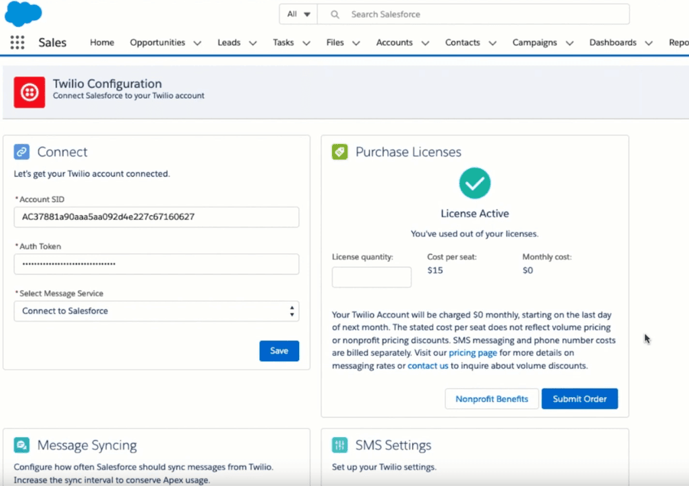 Twilio Configuration page showing account connection and license purchase options.
