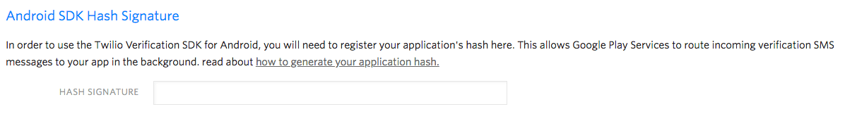 Input field for Android SDK hash signature registration.