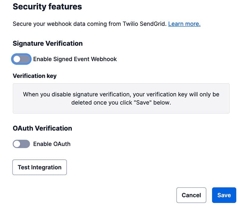 Security features settings with options for enabling signed event webhook and OAuth verification.