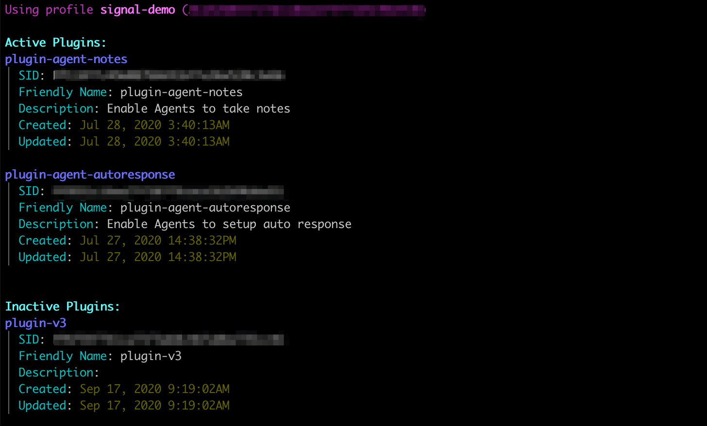 List of active and inactive plugins with names, descriptions, and timestamps.