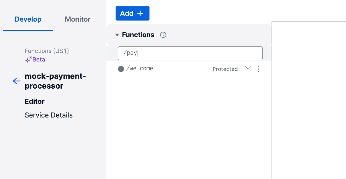 Functions editor showing endpoint renamed to '/pay' under mock-payment-processor.