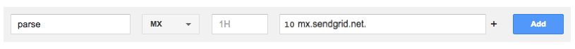 MX record setup with parse, priority 10, and mx.sendgrid.net.