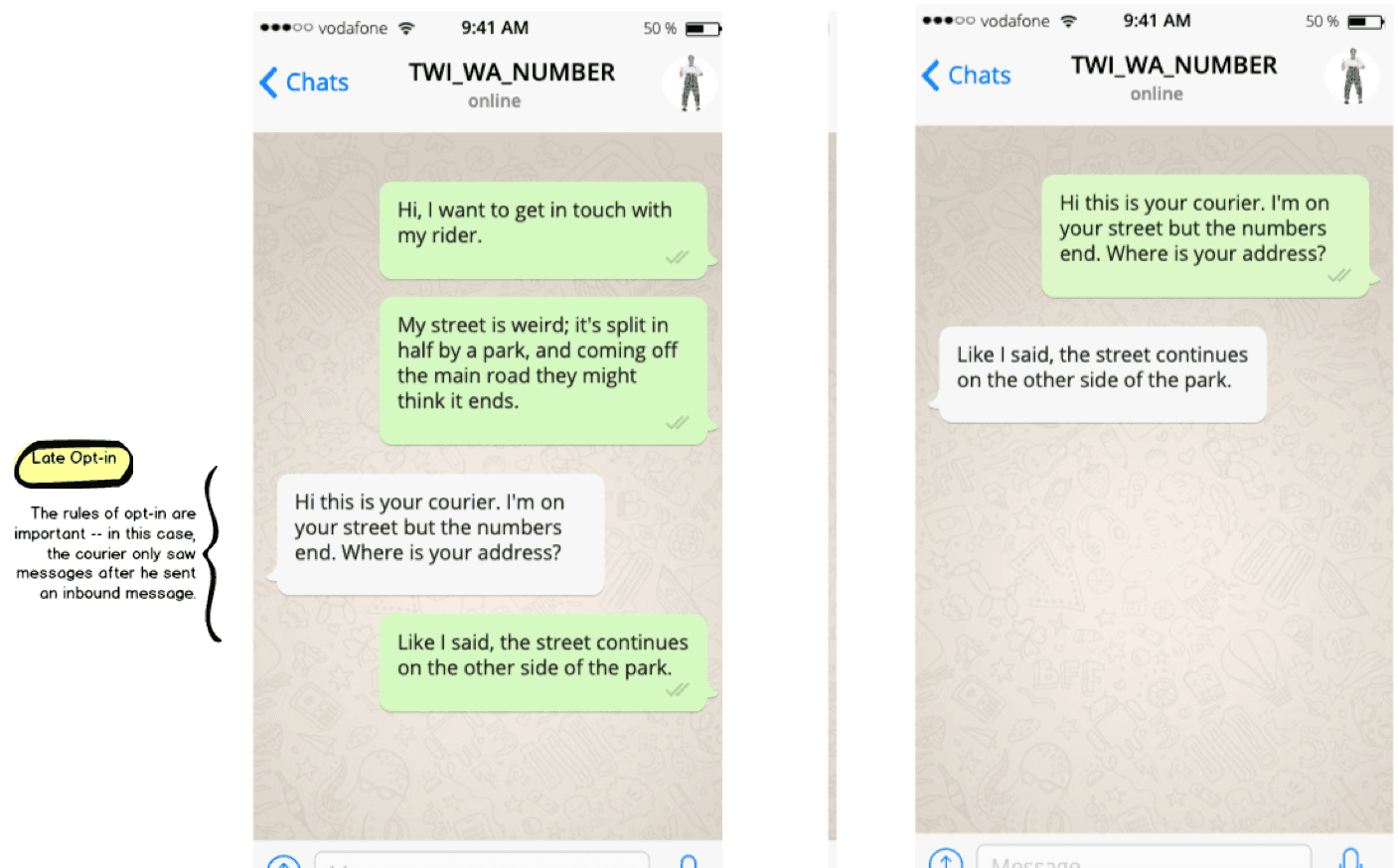 WhatsApp chat showing late opt-in for courier communication.