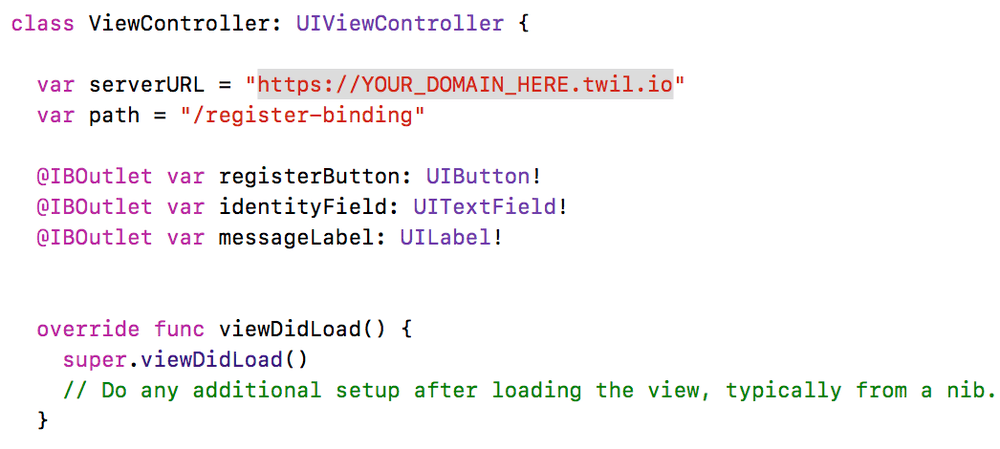 Swift code snippet for setting Twilio server URL and path with UI elements.