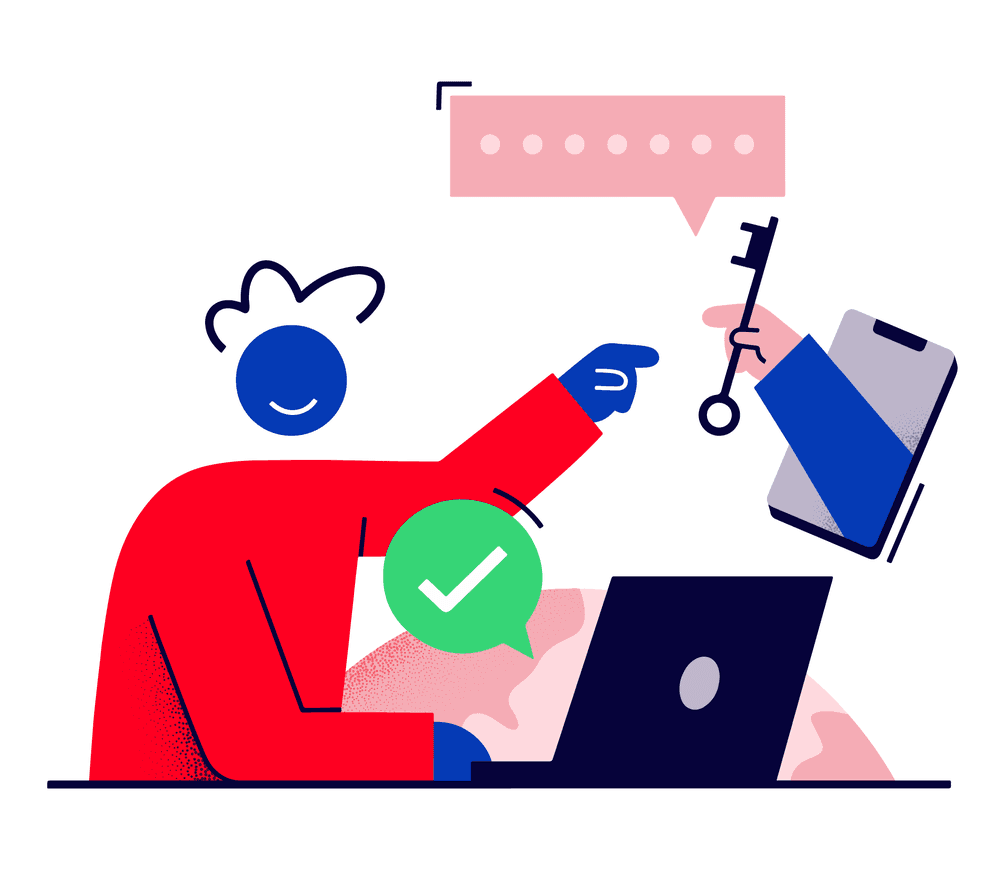 A person at a laptop receiving a key from a phone, symbolizing verification.