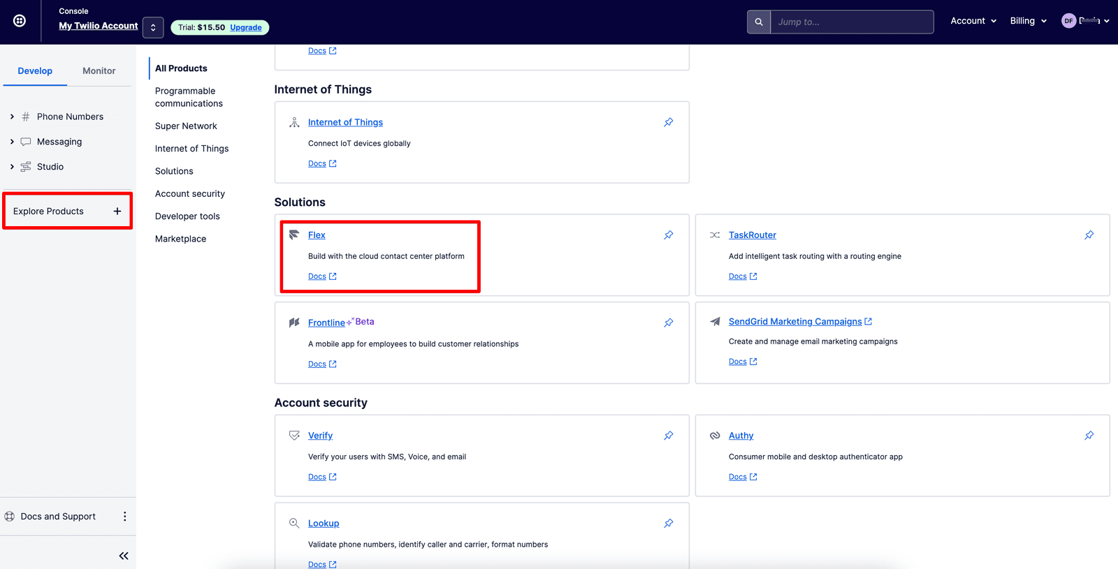 Twilio Console showing Flex under Solutions for cloud contact center platform.