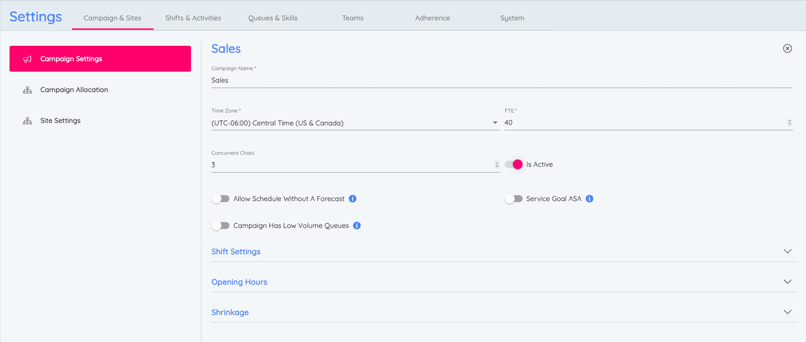 Settings page for creating a sales campaign with timezone, FTE, and concurrent chats options.