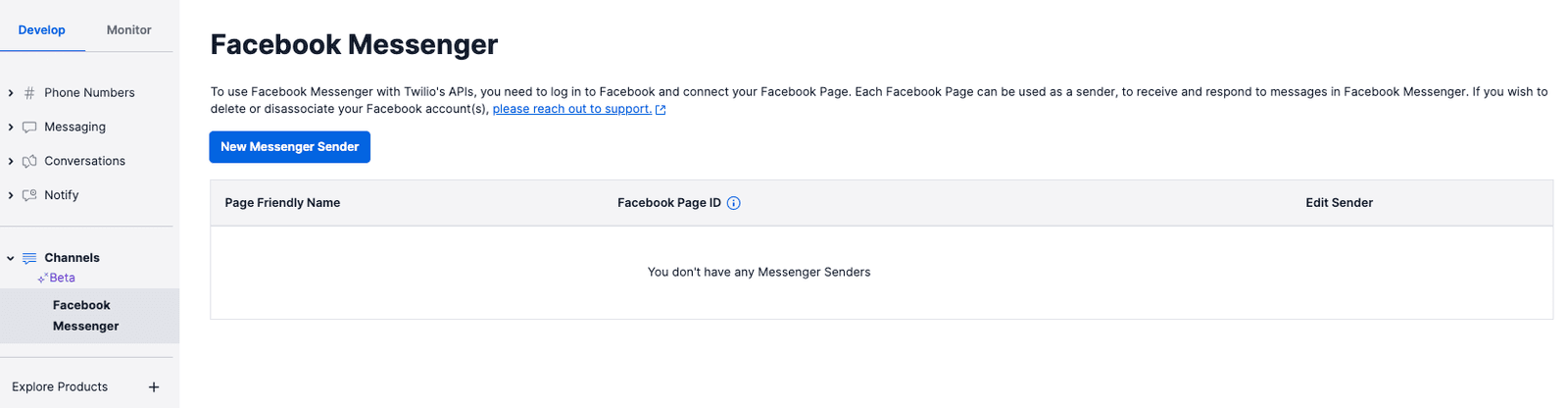 Facebook Messenger setup page with option to add new messenger sender.