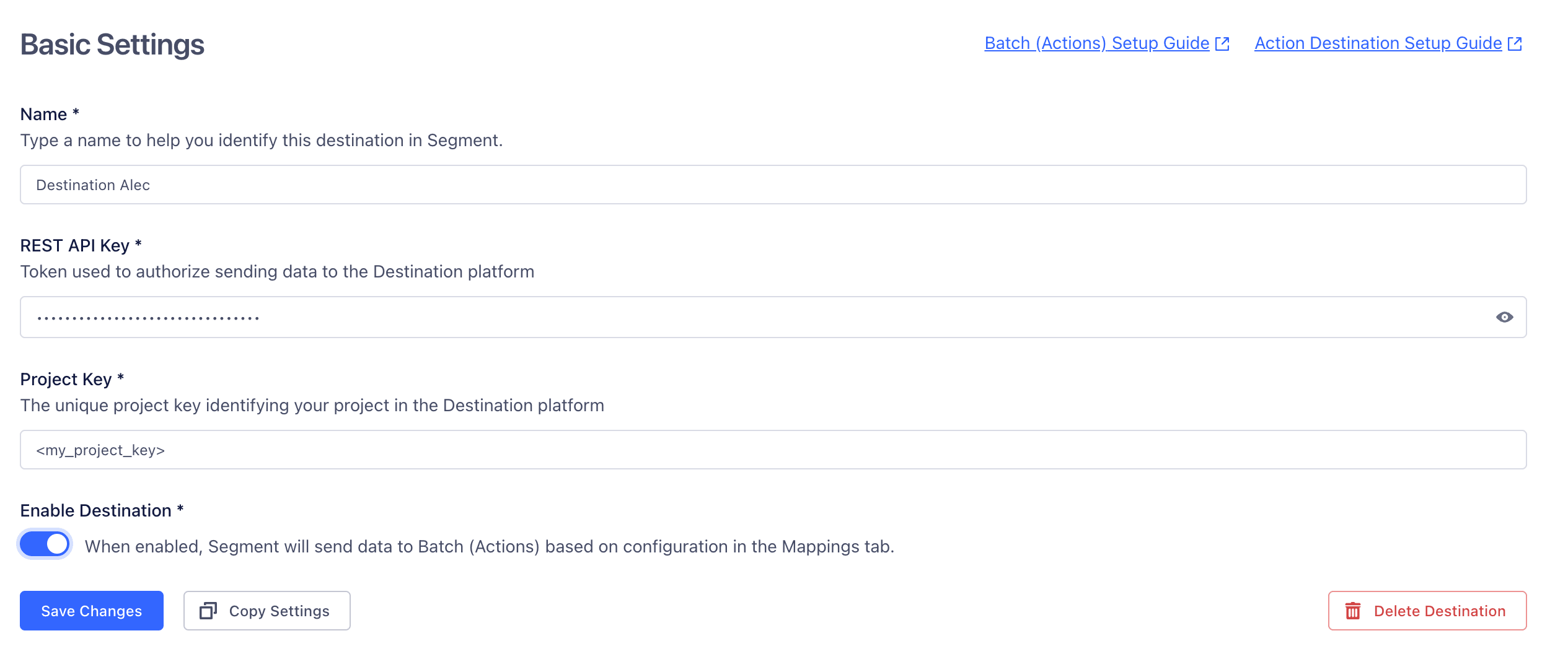 Screenshot of the Braze destination Basic Settings page in Segment app.