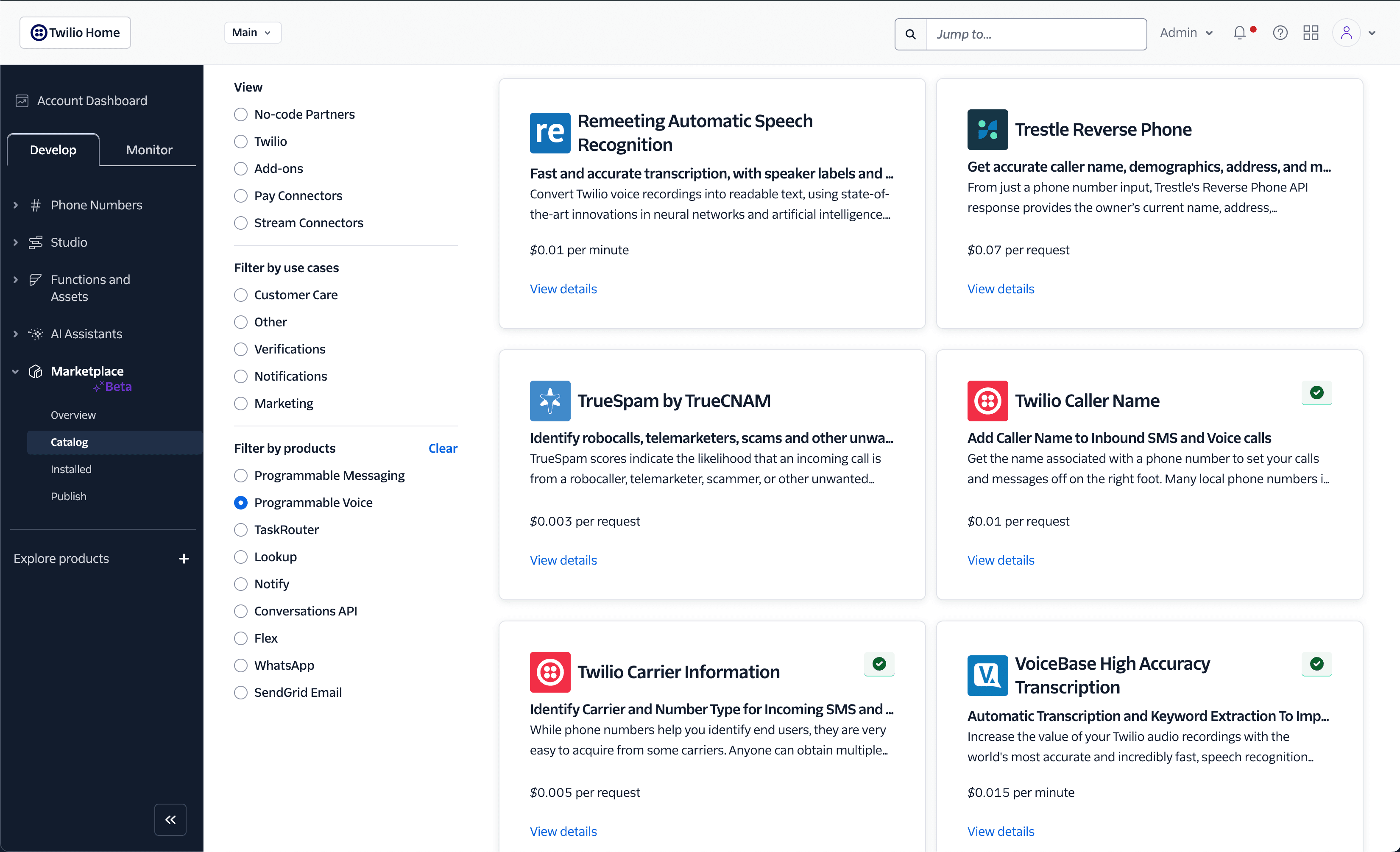 Twilio Marketplace Prove TCPA Compliance add-on with configuration options.