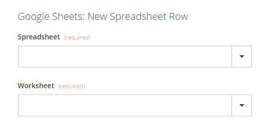 Google Sheets form fields for selecting spreadsheet and worksheet.