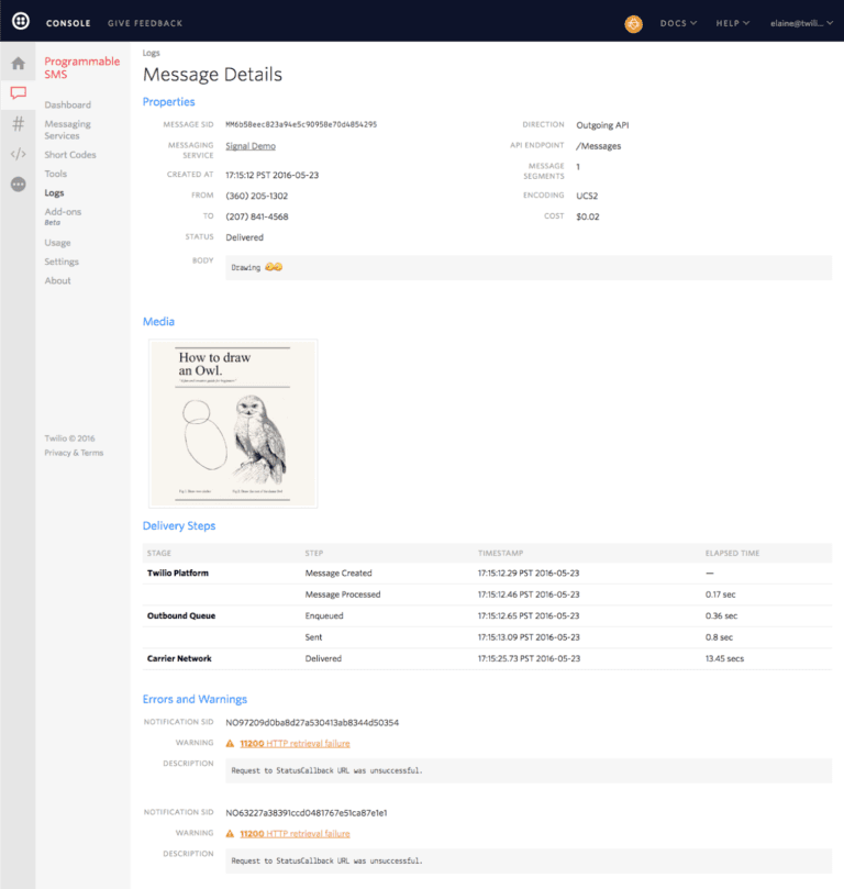 Twilio Console Message Details showing delivery status, media, delivery steps, and errors.