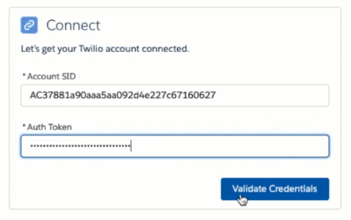 Twilio connect panel with fields for Account SID and Auth Token.