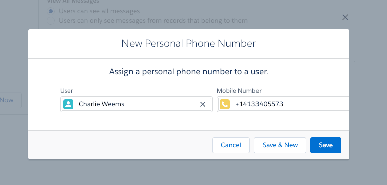 Dialog to assign a personal phone number to a user in Twilio for Salesforce.