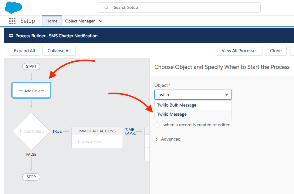 Salesforce process builder showing object selection for Twilio message trigger.