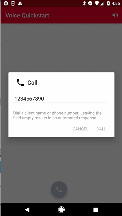 Call prompt with phone number 1234567890 and options to cancel or call.