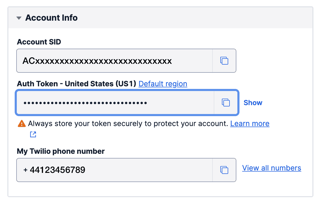 Twilio account info with SID, auth token, and phone number details.
