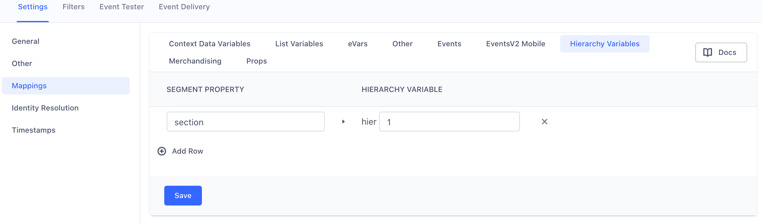 A screenshot of the Adobe Analytics settings page in Segment, with the Mappings section selected and a sample event mapping under the Hierarchy Values tab.